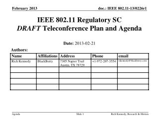 IEEE 802.11 Regulatory SC DRAFT Teleconference Plan and Agenda