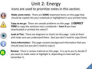 Unit 2: Energy Icons are used to prioritize notes in this section.