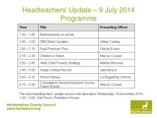 Headteachers’ Update – 9 July 2014 Programme