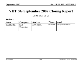 VHT SG September 2007 Closing Report