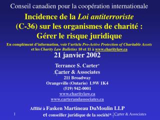 Incidence de la Loi antiterroriste (C-36) sur les organismes de charité :