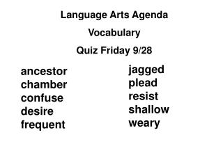 Language Arts Agenda Vocabulary Quiz Friday 9/28