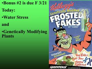 Bonus #2 is due F 3/21 Today: Water Stress and Genetically Modifying Plants