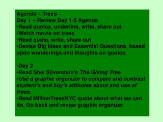 Agenda – Trees Day 1 – Review Day 1-5 Agenda Read quotes, underline, write, share out