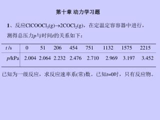 第十章 动力学习题 1 、反应 ClCOOCl 3 (g)  2COCl 2 (g) ，在定温定容容器中进行，测得总压力 p 与时间 t 的关系如下：