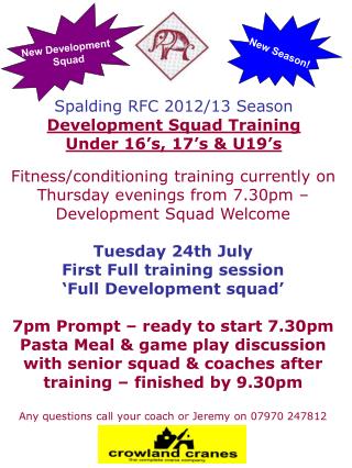 Spalding RFC 2012/13 Season Development Squad Training Under 16’s, 17’s &amp; U19’s