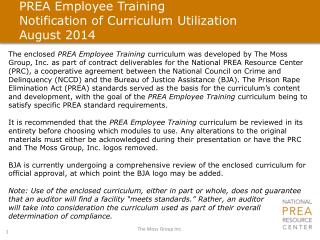 PREA Employee Training Notification of Curriculum Utilization August 2014