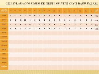 2012 AYLARA GÖRE MESLEK GRUPLARI YENİ KAYIT DAĞILIMLARI