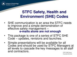 STFC Safety, Health and Environment (SHE) Codes