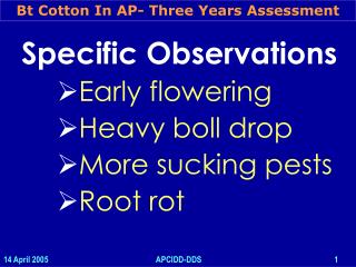 Specific Observations Early flowering Heavy boll drop More sucking pests Root rot