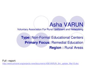 Asha VARUN Voluntary Association For Rural Upliftment and Networking