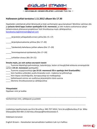 Halloween-juhlat torstaina 1.11.2012 alkaen klo 17.30