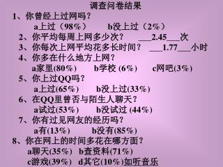 调查问卷结果 1 、你曾经上过网吗？ a 上过（ 98% ） b 没上过（ 2% ）