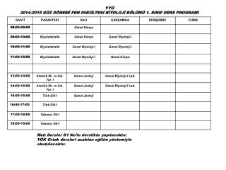 YYÜ 2014-2015 GÜZ DÖNEMİ FEN FAKÜLTESİ BİYOLOJİ BÖLÜMÜ 1. SINIF DERS PROGRAMI