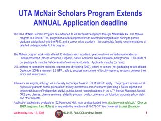 UTA McNair Scholars Program Extends ANNUAL Application deadline