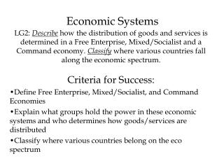 Criteria for Success: Define Free Enterprise, Mixed/Socialist, and Command Economies