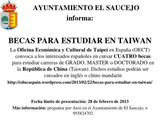 AYUNTAMIENTO EL SAUCEJO informa: BECAS PARA ESTUDIAR EN TAIWAN