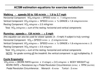 ACSM estimation equations for exercise metabolism
