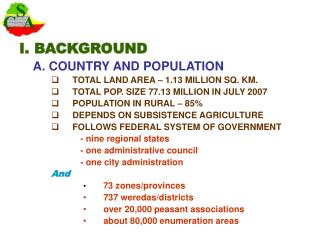 I. BACKGROUND A. COUNTRY AND POPULATION TOTAL LAND AREA – 1.13 MILLION SQ. KM.