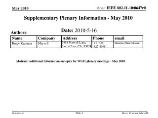 Supplementary Plenary Information - May 2010