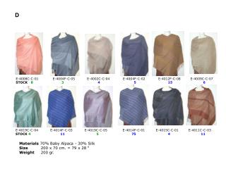 Materials 70% Baby Alpaca - 30% Silk Size 200 x 70 cm. = 79 x 28 “ Weight 200 gr.