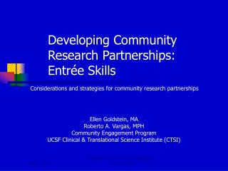 Developing Community Research Partnerships: Entrée Skills