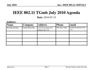 IEEE 802.11 TGmb July 2010 Agenda