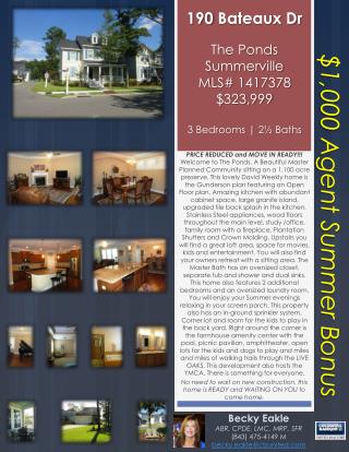 190 Bateaux Dr The Ponds Summerville MLS# 1417378 $323,999 3 Bedrooms | 2 ½ Baths
