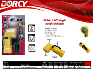3AAA - 9 LED Angle Head Flashlight Weather Resistant 40 Hour Run Time Convenient Clip
