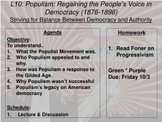 L10: Populism: Regaining the People’s Voice in Democracy (1876-1896)