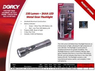 150 Lumen – 3AAA LED Metal Gear Flashlight Anodized Aluminum Construction Battery Indicator: