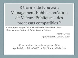 Marine Colon AgroParisTech, UMR G-EAU Séminaire de recherche du 3 septembre 2014