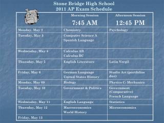 Stone Bridge High School 2011 AP Exam Schedule