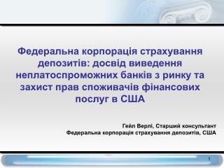 Гейл Верлі, Старший консультант Федеральна корпорація страхування депозитів, США