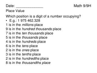 Date: _____________				Math 9/9H