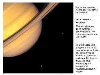 Saturn, with two small moons, as photographed by Voyager 2. 1979 – Far-out voyages