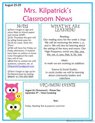 Mrs . Kilpatrick’s Classroom News
