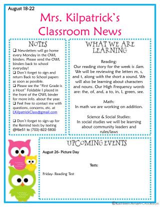 Mrs . Kilpatrick’s Classroom News