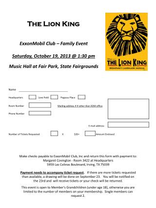 The Lion King ExxonMobil Club – Family Event Saturday , October 19, 2013 @ 1:30 pm