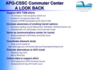 APG-CSSC Commuter Center 	A LOOK BACK