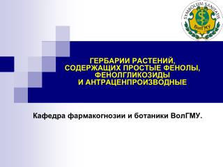 ГЕРБАРИИ РАСТЕНИЙ, СОДЕРЖАЩИХ ПРОСТЫЕ ФЕНОЛЫ, ФЕНОЛГЛИКОЗИДЫ И АНТРАЦЕНПРОИЗВОДНЫЕ