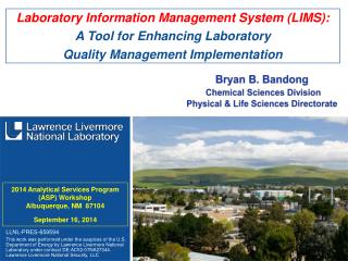 2014 Analytical Services Program (ASP) Workshop Albuquerque, NM 87104 September 16, 2014