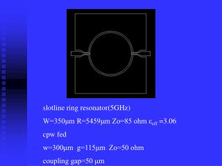 slotline ring resonator(5GHz) W=350μm R=5459μm Zo=85 ohm ε eff =3.06 cpw fed