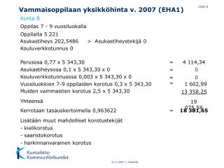 Vammaisoppilaan yksikköhinta v. 2007 (EHA1)