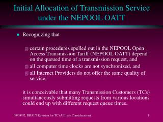 Initial Allocation of Transmission Service under the NEPOOL OATT
