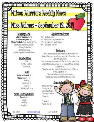 Wilson Warriors Weekly News Miss Holmes – September 12, 2014