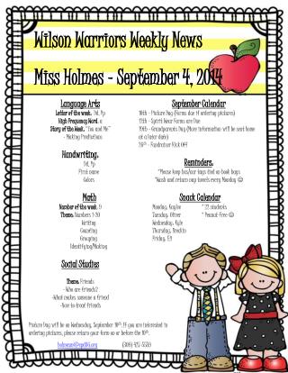 Wilson Warriors Weekly News Miss Holmes – September 4, 2014