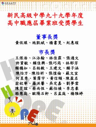 新民高級中學九十九學年度 高中職應屆畢業班受獎學生 董事長獎 黃依琪、施凱斌、楊書旻、紀惠瑄 市長獎 王煜浩、江泳翰、林佳霖、張適文 許資敏、賴佳興 、 張巧筠、林郁芳