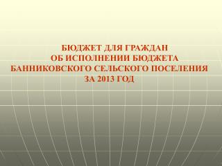 БЮДЖЕТ ДЛЯ ГРАЖДАН ОБ ИСПОЛНЕНИИ БЮДЖЕТА БАННИКОВСКОГО СЕЛЬСКОГО ПОСЕЛЕНИЯ ЗА 2013 ГОД
