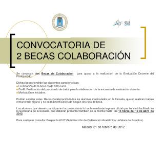 CONVOCATORIA DE 2 BECAS COLABORACIÓN